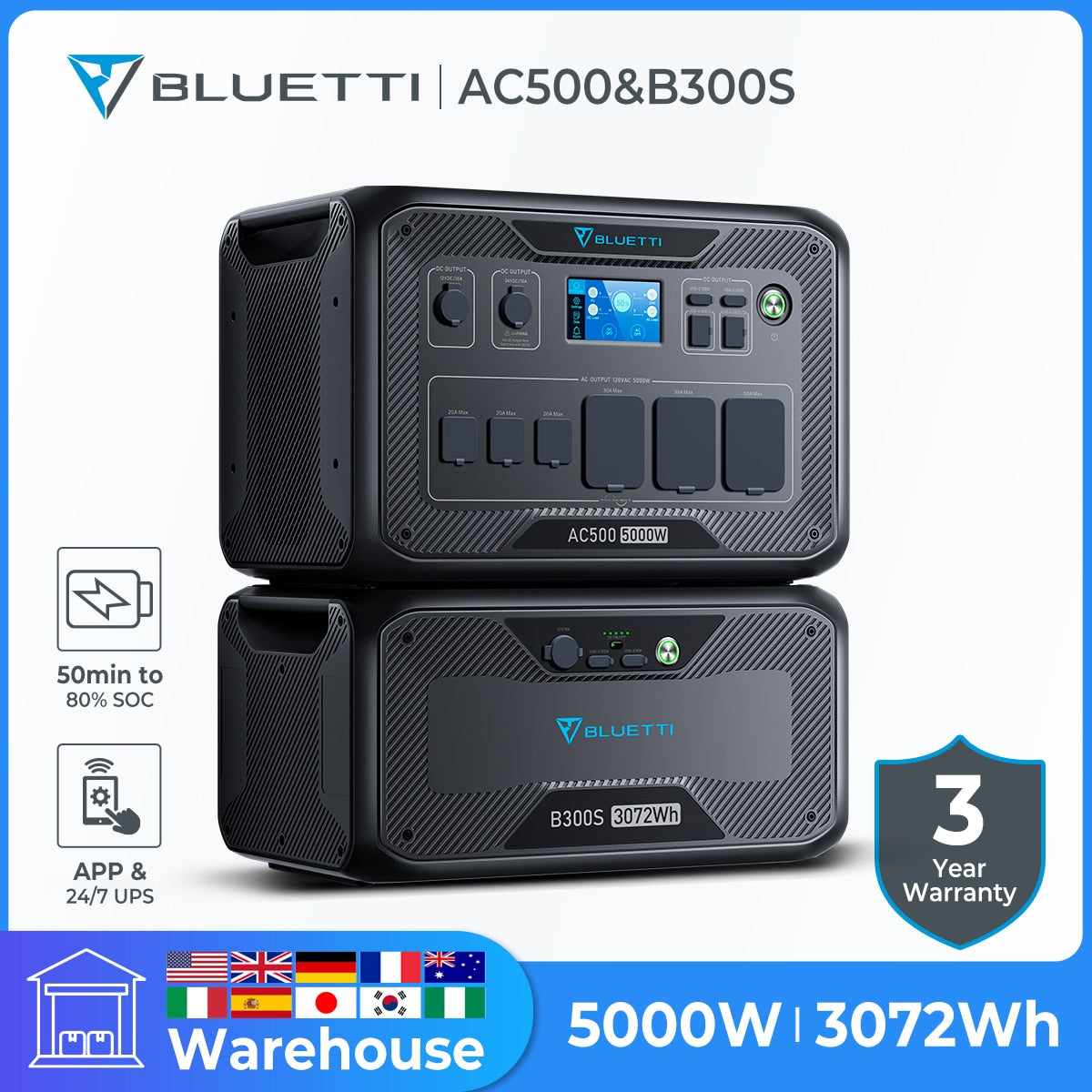 BLUETTI Solar Power Station 5000W 3072Wh Expansion Battery AC500+B300S LiFePO4 Backup For Home Complete Kit 50000w Emergency