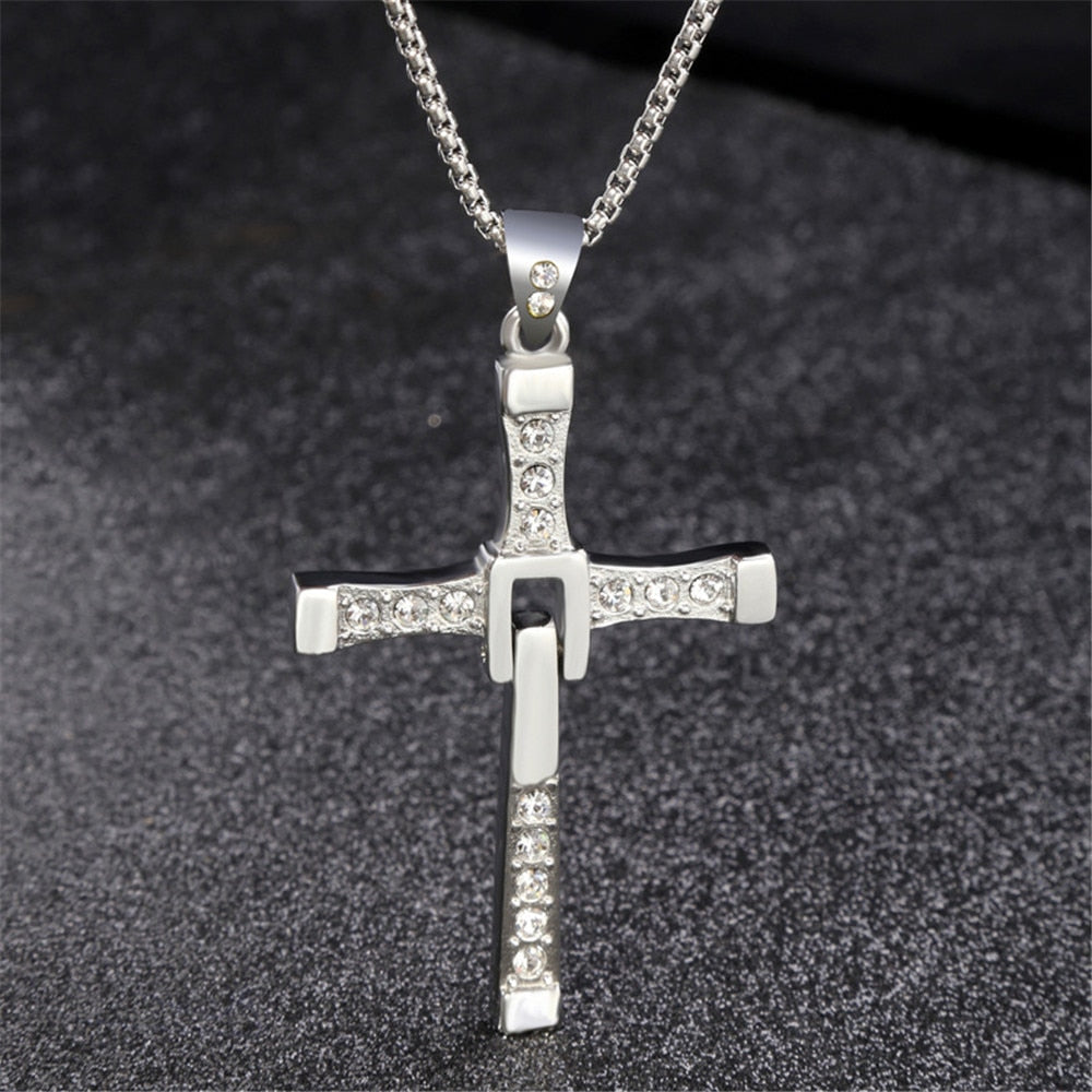 Fast & Furious Movies Cross Necklace Rhinestones Luxury Men's Chain Dominic Toretto Stainless Steel Jewelry Accessories