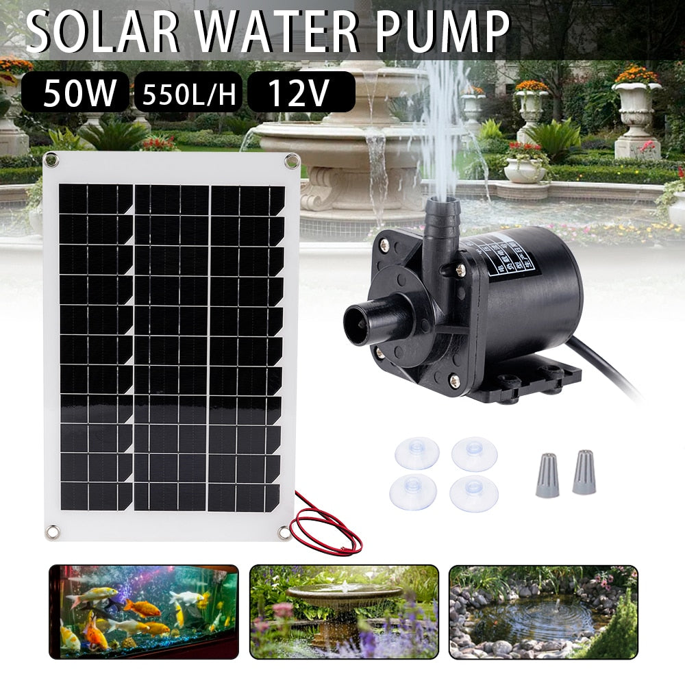 50W Solar Panel Brushless Solar Power Water Pump Set Ultra-quiet Submersible Water Sprinkler Pool Pond Garden Fountain Decor