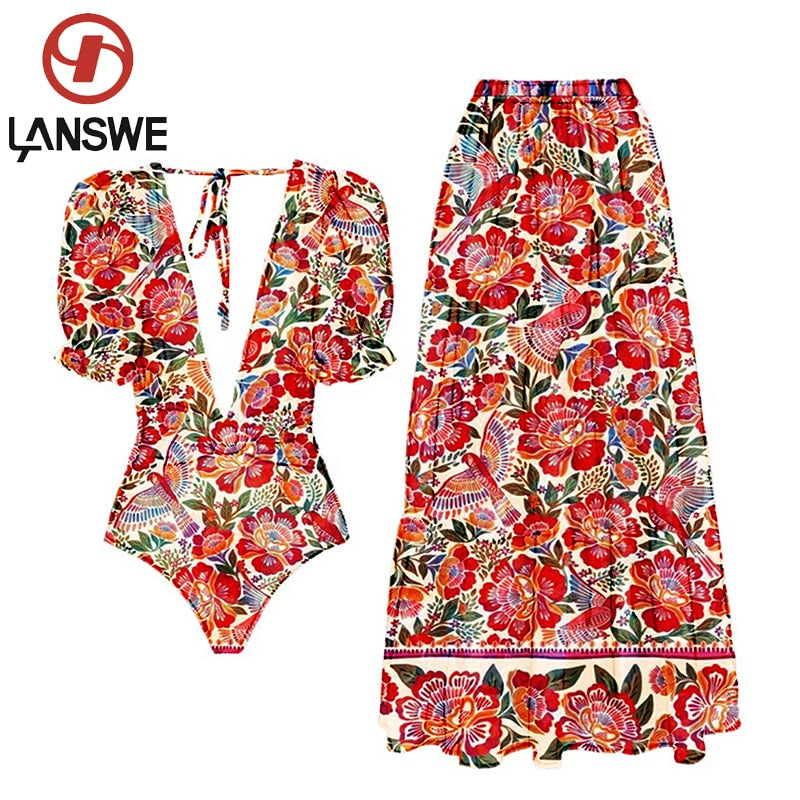 Lanswe2023 New Fashion Women Cover Swimsuit Retro Print Deep V Gorgeous Red And One-Piece Suit With Swimwear Summer Beach Wear