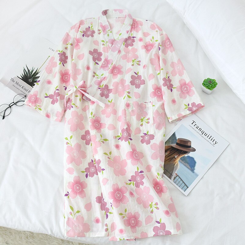 Japanese-style kimono pajamas summer new 100% cotton gauze pajamas nightgown ladies SPA yukata homewear long pajamas women