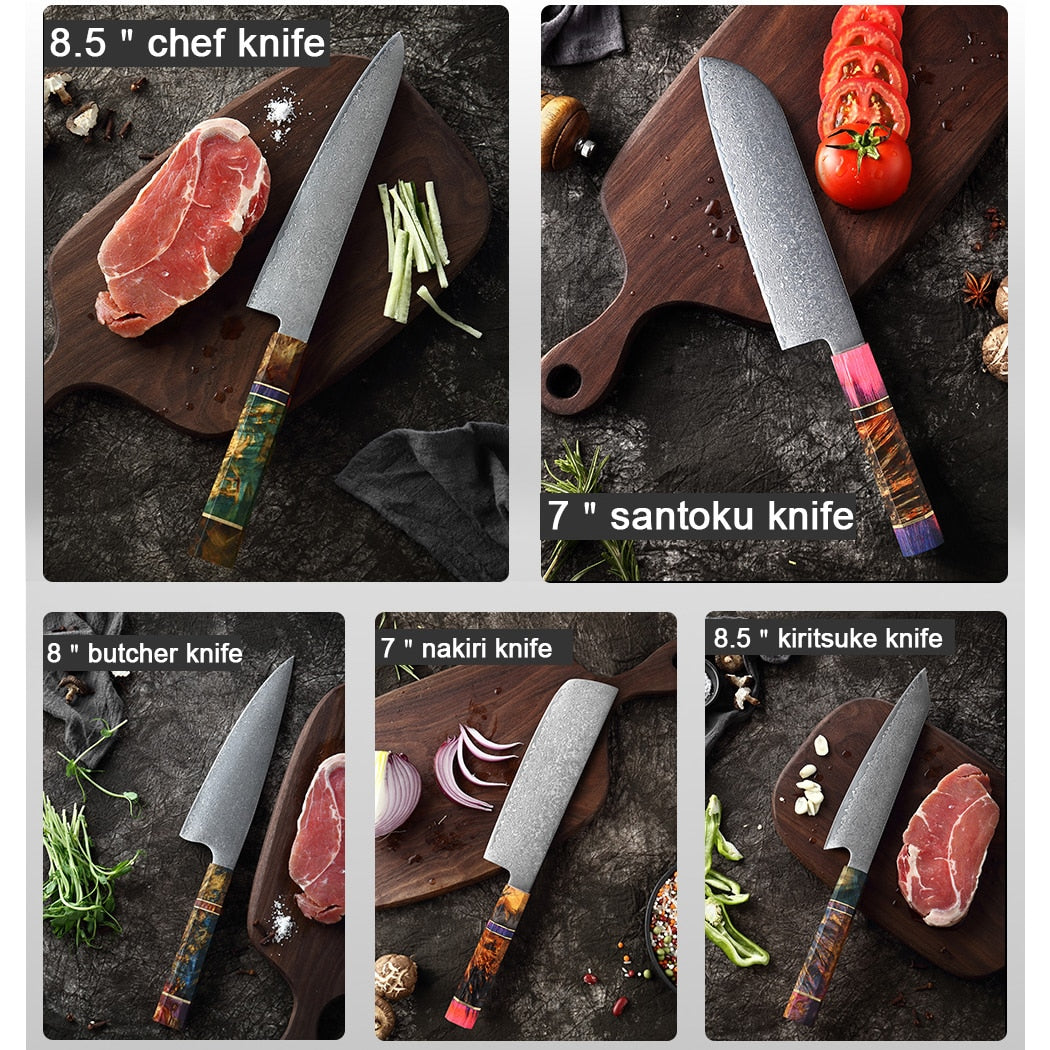 XITUO Damascus Kitchen Knife Set Chef Nakiri Knife 67 Layers Japanese Damascus Steel Chef Knife Razor Sharp Blade Colorful Wood