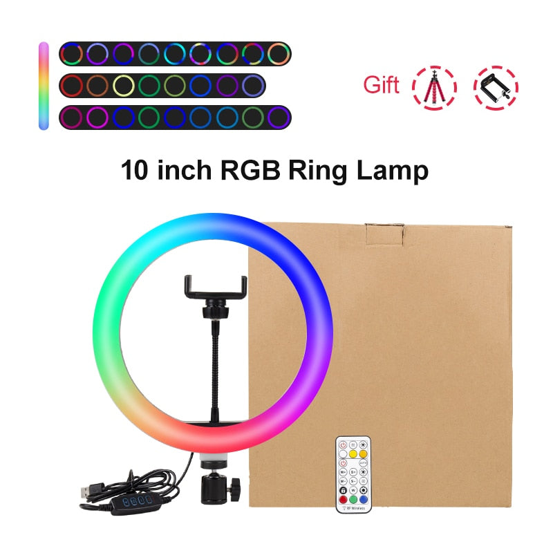 PYNSSEU 26cm LED Ring Light with 1.1/1.6/2.0M RGB lamp Stand Dimmable 10&quot; Selfie Ring Lamp with Phone Clip for Youtube Makeup