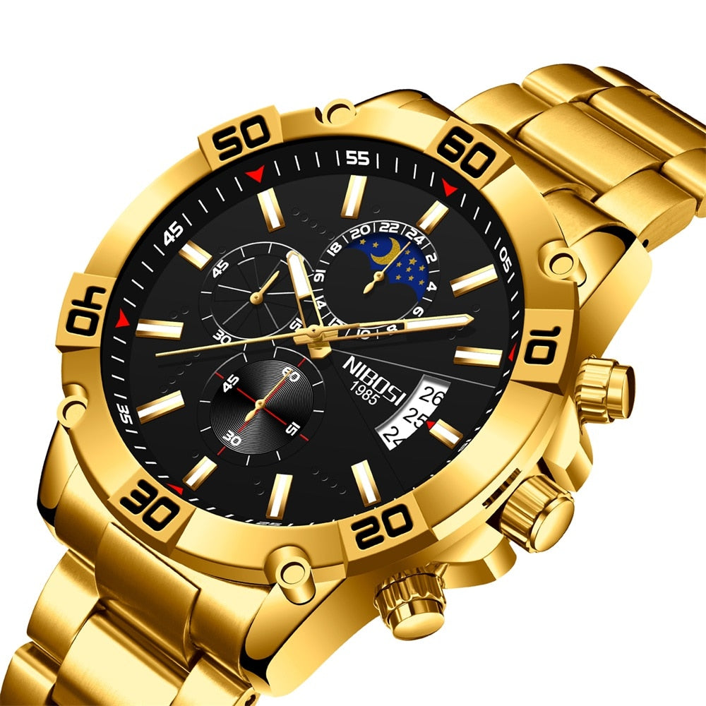 NIBOSI 2023 Fashion Gold Watch Mens Watches Top Brand Luxury Clock Montre Homme Chronograph Quartz Watch Men Relogio Masculino