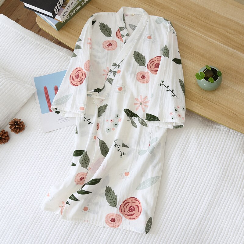 Japanese-style kimono pajamas summer new 100% cotton gauze pajamas nightgown ladies SPA yukata homewear long pajamas women