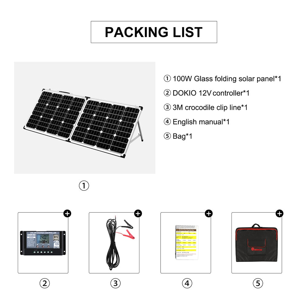 Dokio 100W 160W 200W Foldable Solar Panel China 10A/20A 12V Controller Folding Solar Panel Cell/System Charger Solar Panel