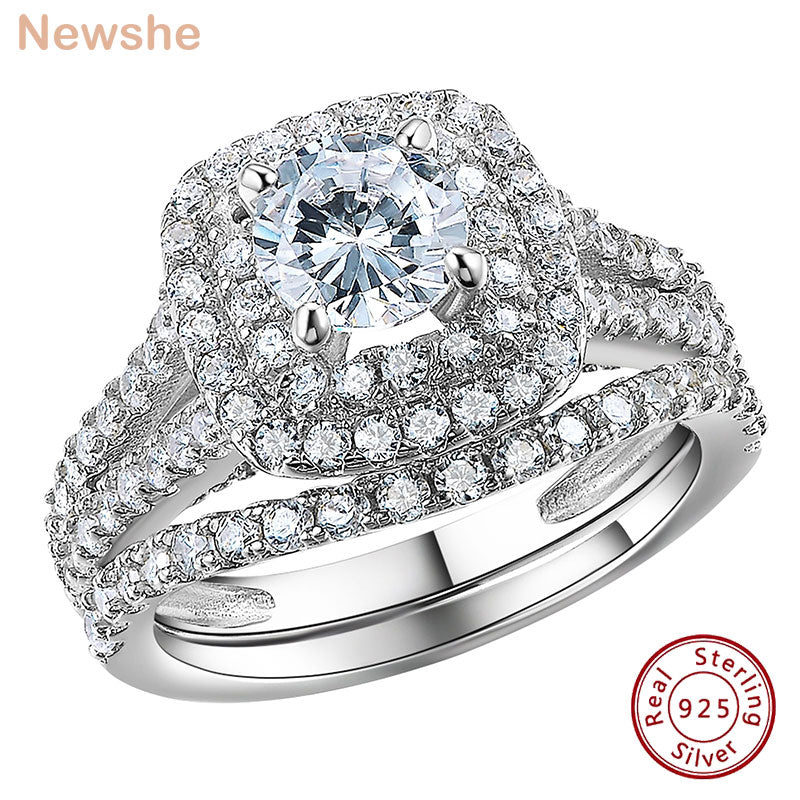 Newshe 2 Pcs Double Halo Round Cut AAAAA Cz Engagement Ring Wedding Set for Women Victorian Style 925 Silver Bridal Jewelry