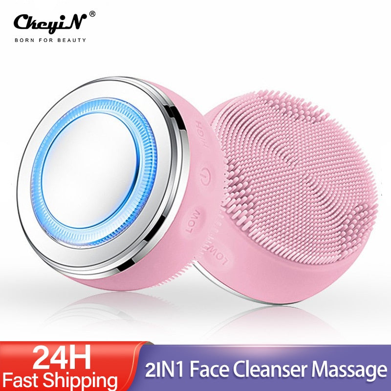 2in1 LED Light Silicone Heating Face Cleanser Massage Facial Cleaning Skin Scrub Washing Brush Skin Care Cleaner Massager P46
