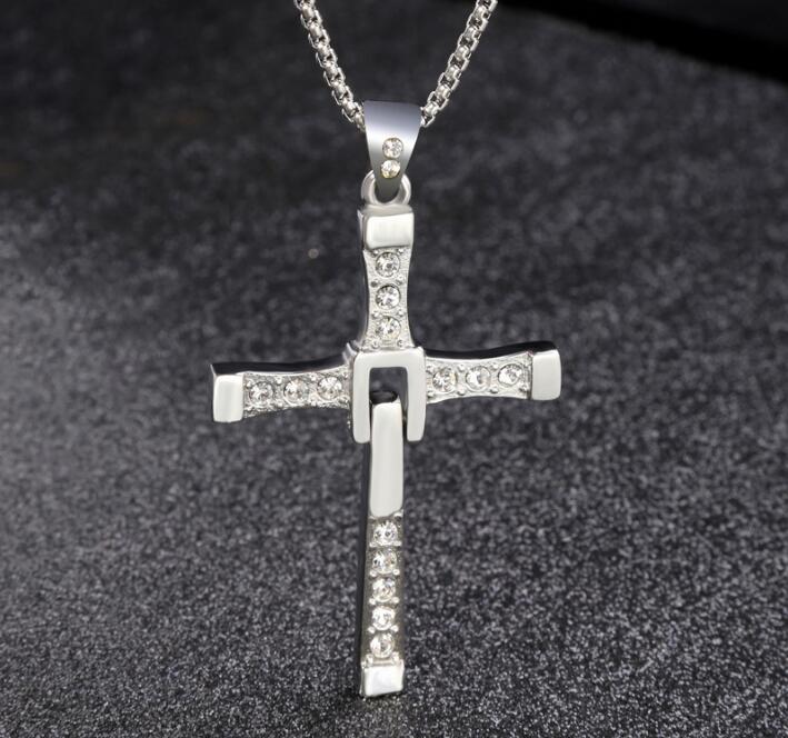 Fast & Furious Movies Cross Necklace Rhinestones Luxury Men's Chain Dominic Toretto Stainless Steel Jewelry Accessories