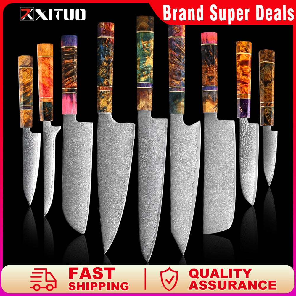 XITUO Damascus Kitchen Knife Set Chef Nakiri Knife 67 Layers Japanese Damascus Steel Chef Knife Razor Sharp Blade Colorful Wood