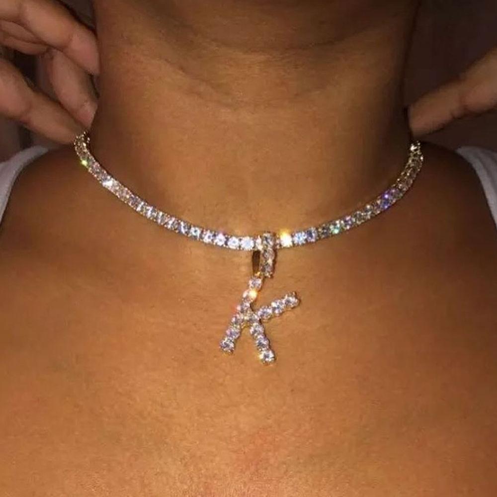 26 Letter Initial Necklace Silver Color Tennis Chain Choker for Women Statement Bling Crystal Alphabet Necklace Collar Jewelry